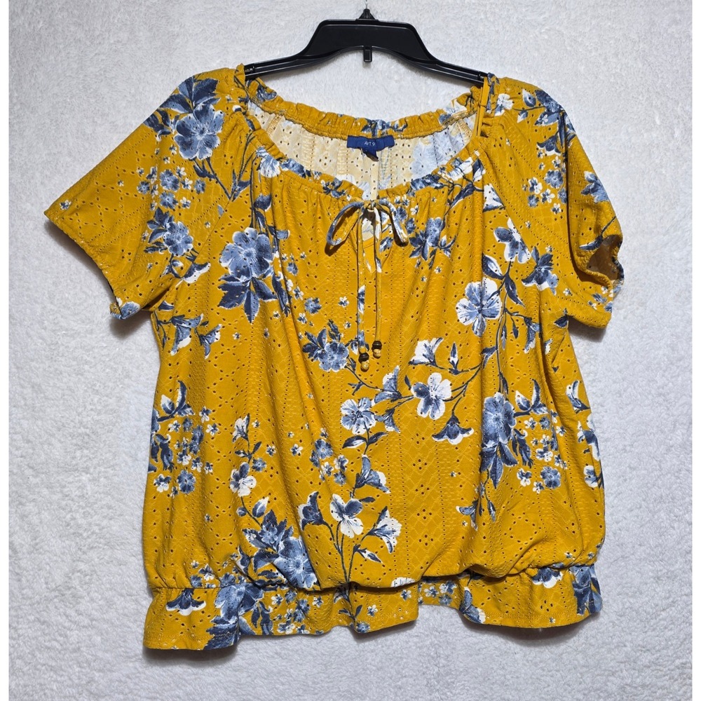 Apt 9 Women's Large Mustard Yellow Floral Eyelet Blouse Short Sleeve Blouson Top